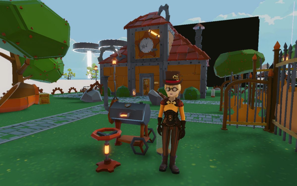 A person in a digital metaverse stands in front of a house.