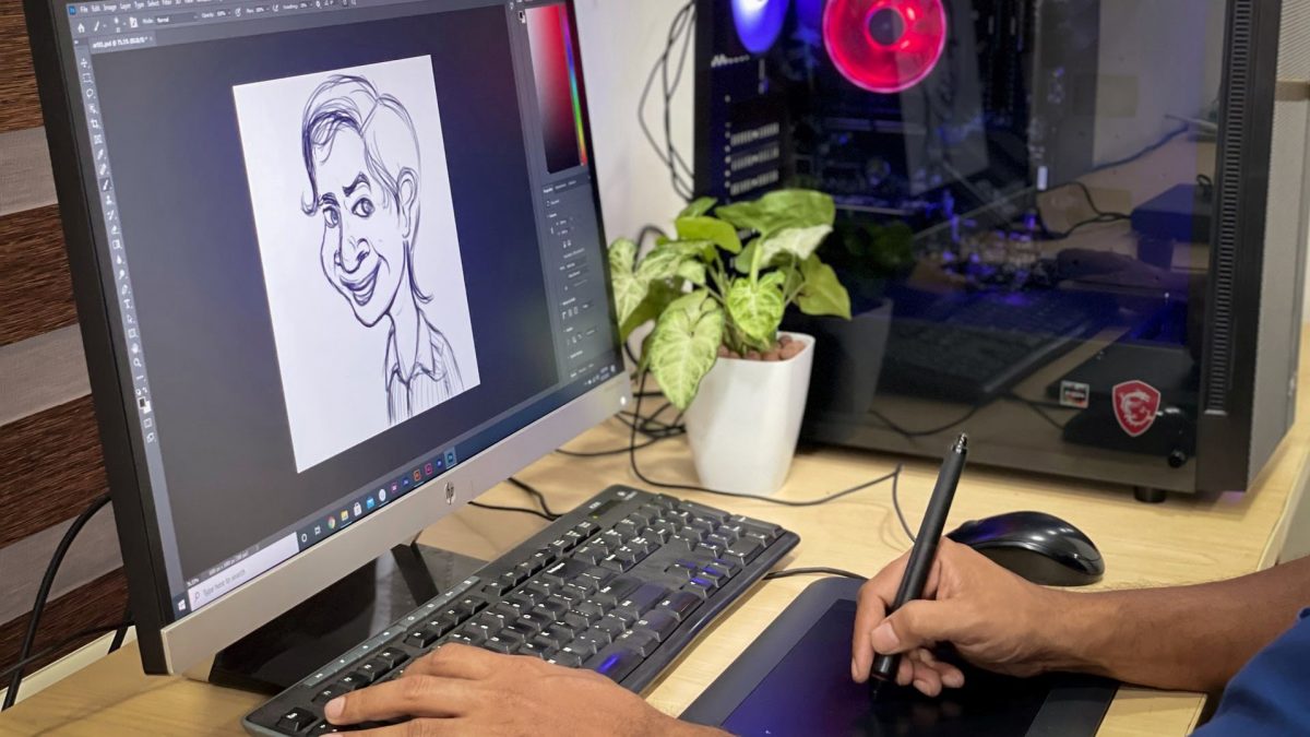 A digital artist draws a caricature