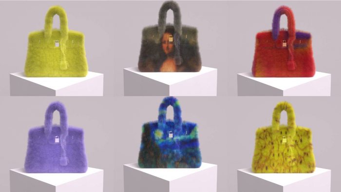 Six colorful and fuzzy MetaBirkin bags