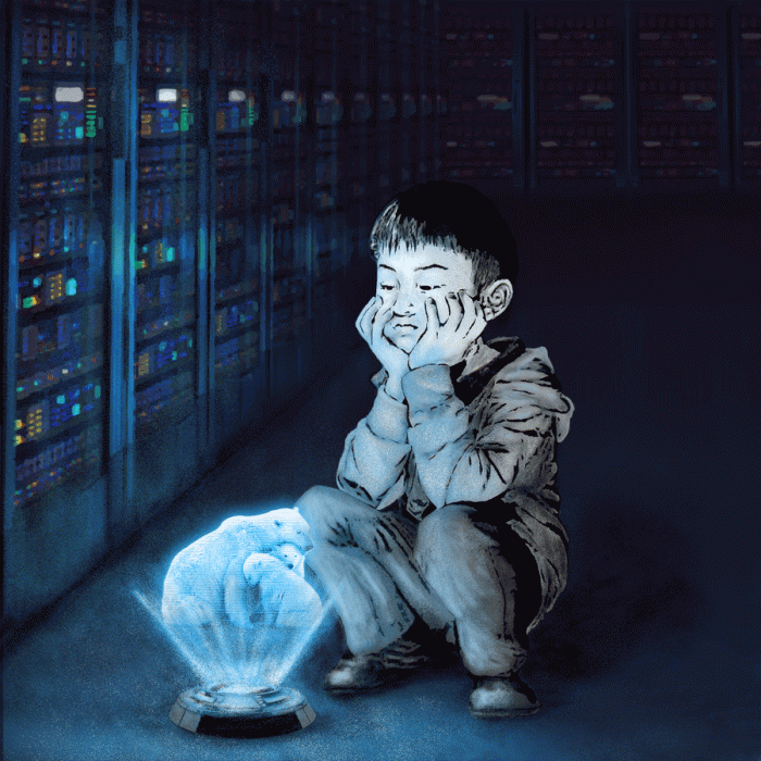 A boy alone inside a data center staring blankly into a hologram.