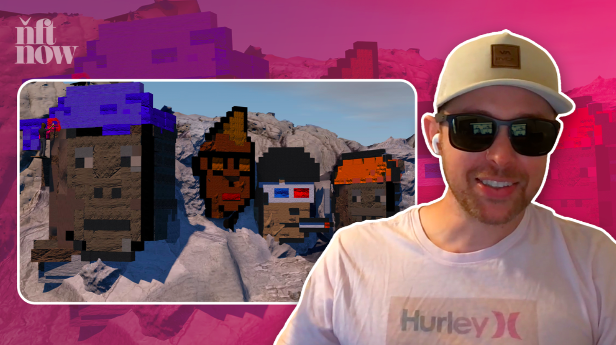 Alpha Centauri Kid in a cap and sunglasses on the nft now podcast, beside pixel punks carved into a mountain