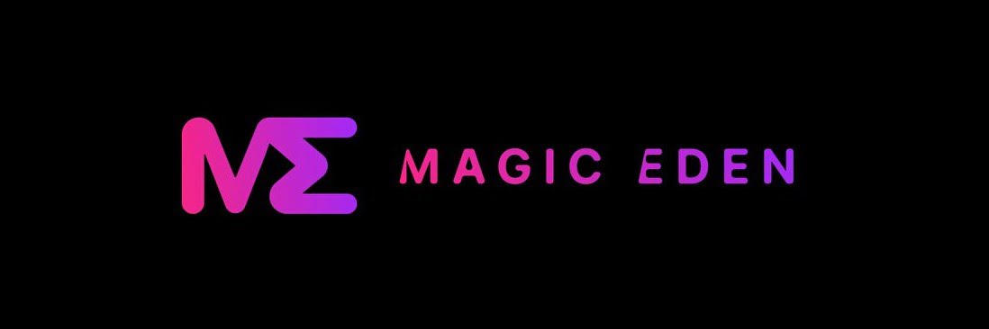 Purple and pink text spelling out "ME" and then "Magic Eden" set against a black background.