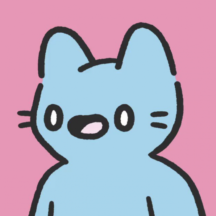 A smiling blue cartoon cat against a pink background.
