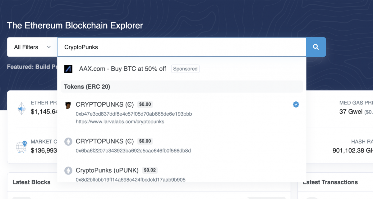 Etherscan screenshot showing a search for cryptopunks