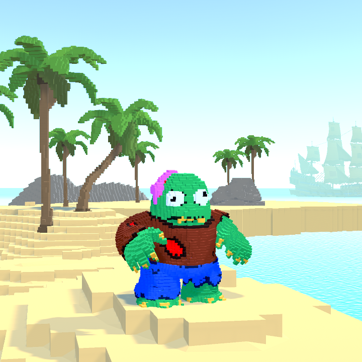 Pixelmon 5866, a blocky, green-skinned character with blue pants, a brown shirt, a pink hat, and eyes that point in different directions. Palm trees in the background and a body of water next to it.