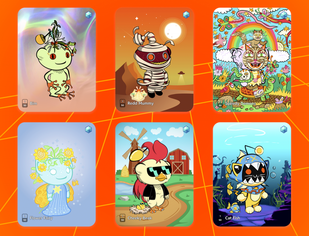 Six cartoon avatar figures with varying traits and backgrounds arranged against a bright orange backdrop.