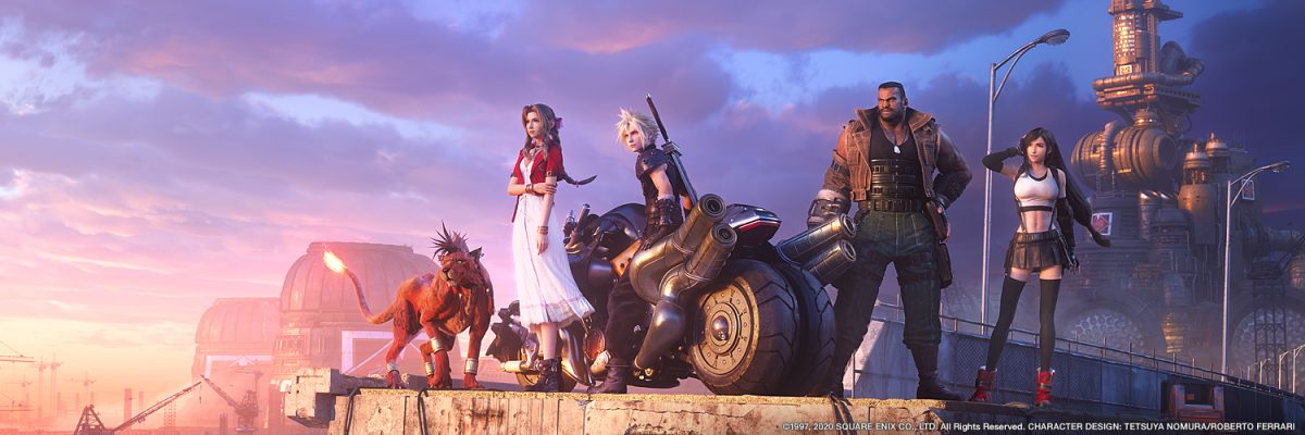 Five video game characters sit watching a sunset in a digital scene from the upcoming Final Fantasy remake.