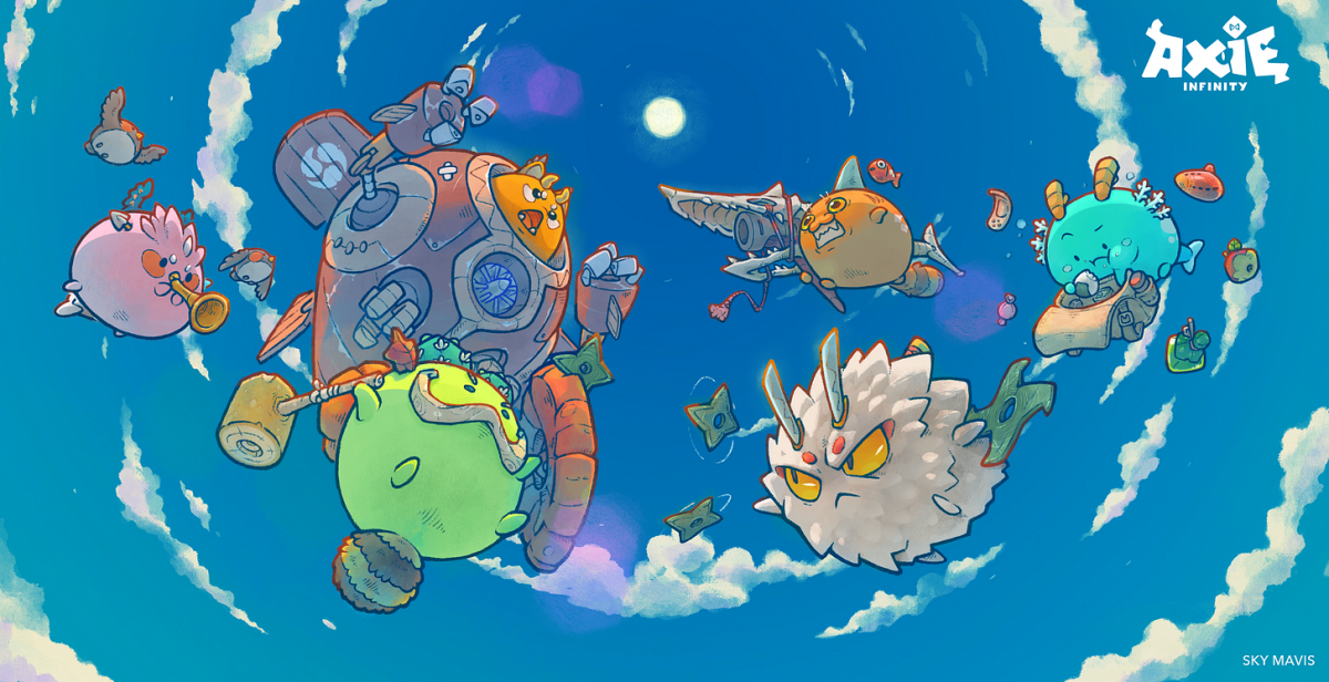 A group of Axies battling in mid-air.