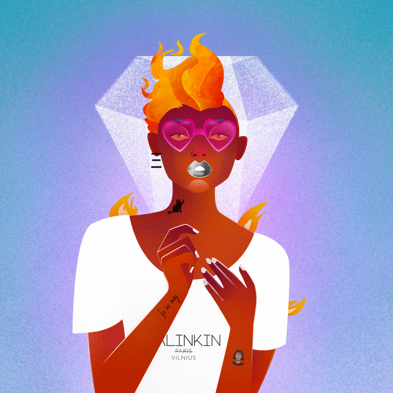 A graphic design of a woman with red skin and fire for hair wearing a white t shirt and a diamond for a halo.