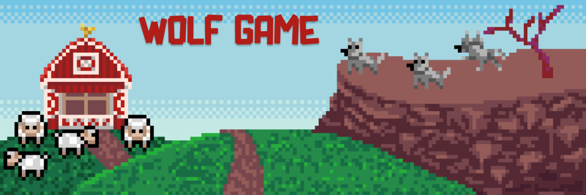 Pixel art farm with the logo of the game Wolf