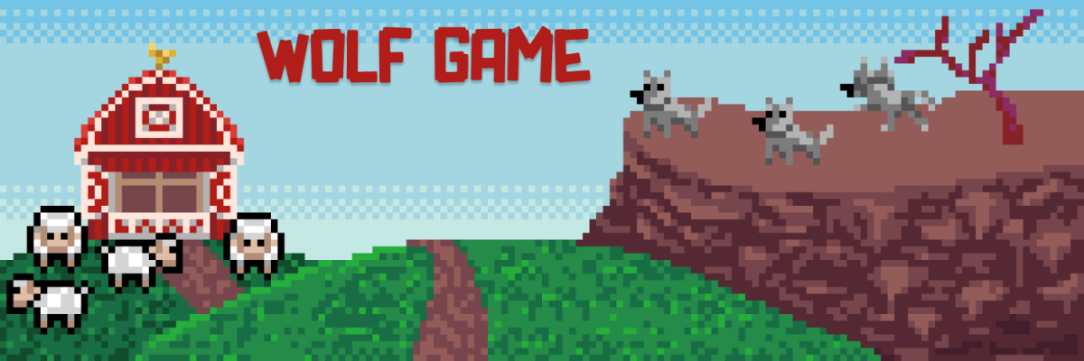 A pixel art farm with the Wolf Game logo