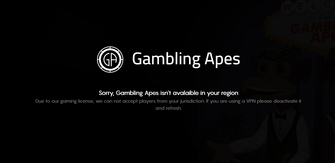 Gambling Apes' Region Blocker Message