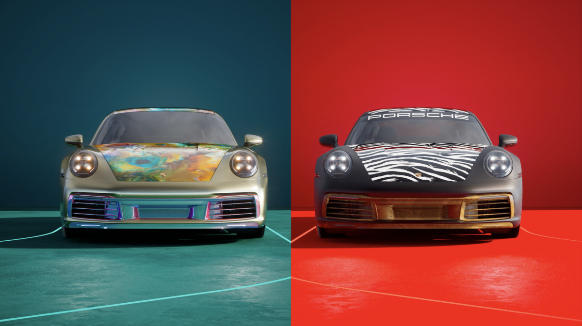 Two Digital Renderings Of Porsche Cars Sit Side By Side. The Left Car Is Silver With A Rainbow-Colored Hood And Set Against A Blue-Green Background. The Left Is Black With A Zebra-Patterned Hood Set Against A Red Background.