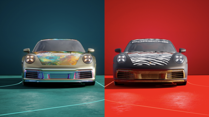 Two digital renderings of Porsche cars sit side by side. The left car is silver with a rainbow-colored hood and set against a blue-green background. The left is black with a zebra-patterned hood set against a red background.