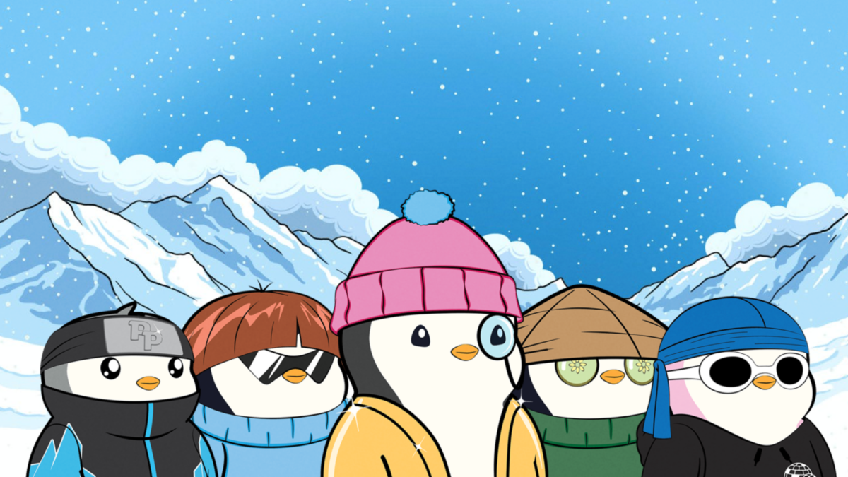 Four cartoon penguin characters wearing winter hats and cats stand in front of a wintery blue background.