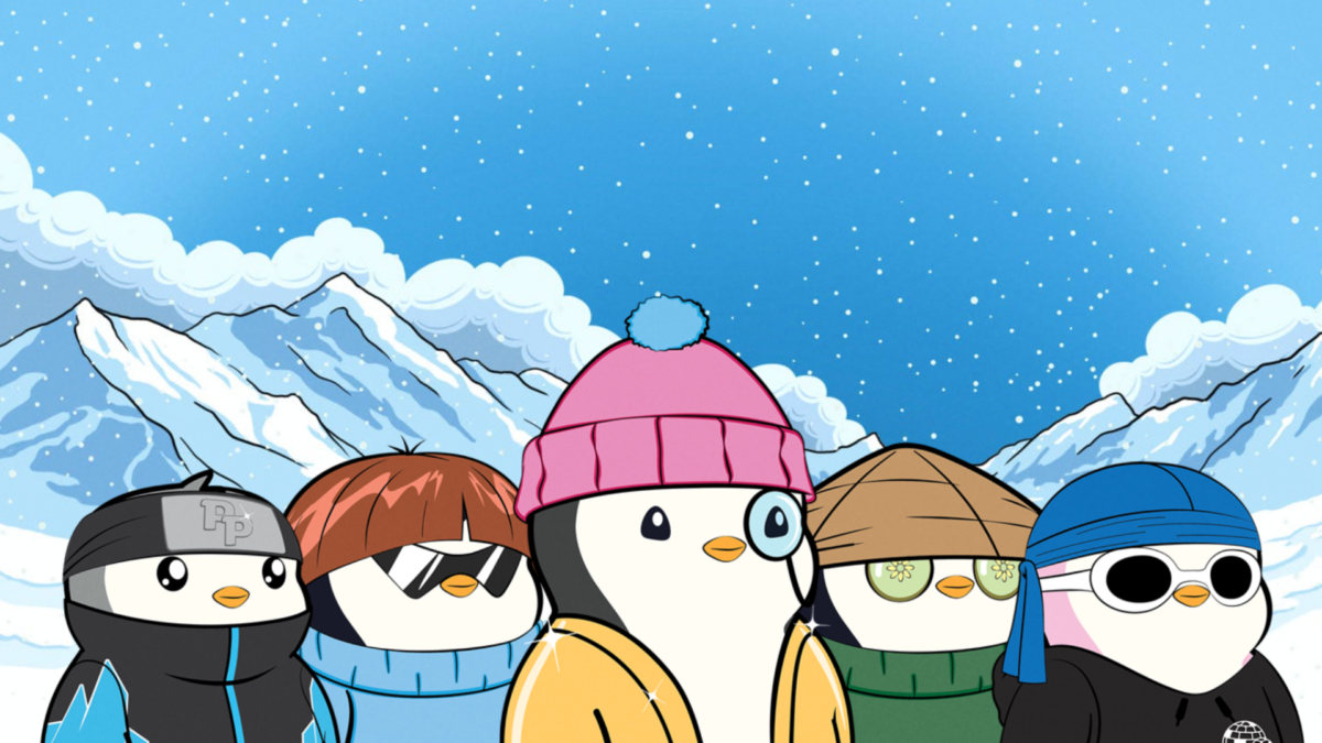 Four cartoon penguin characters wearing winter hats and cats stand in front of a winter blue background.