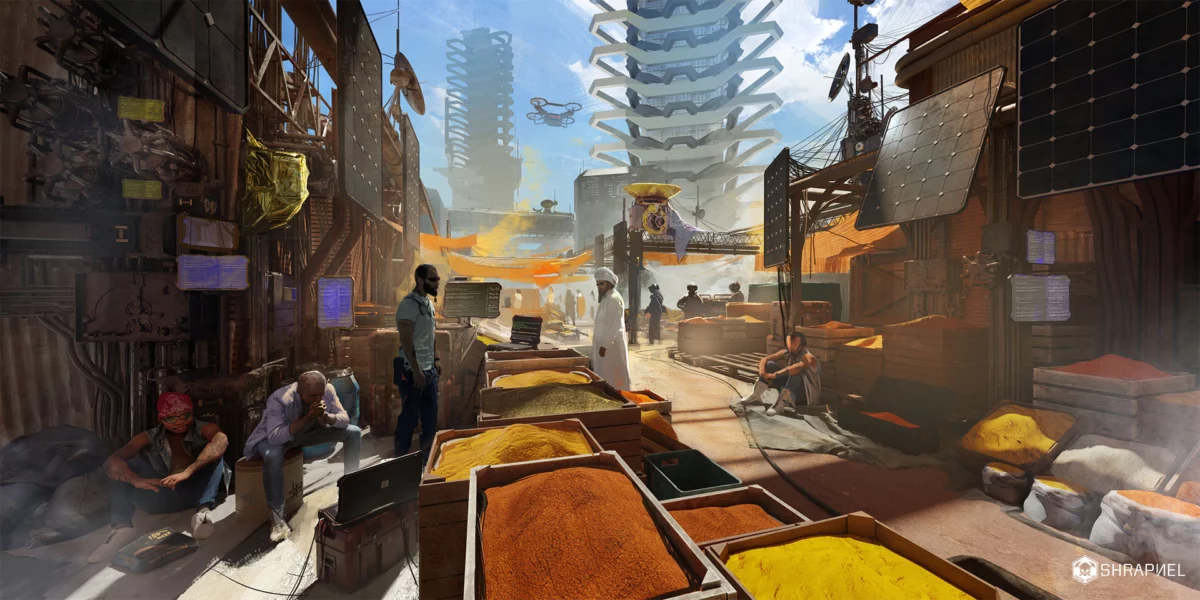 market futuristic city shrapnel