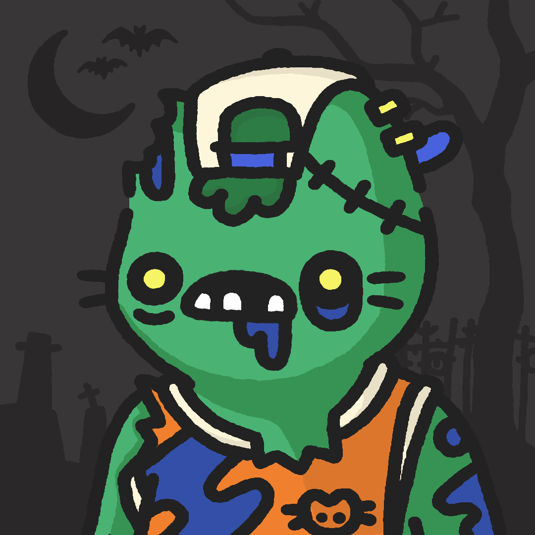 A zombie-esque cat cartoon figure with missing teeth and half a head wearing an orange shirt with a cat skull and bones emblem on it.