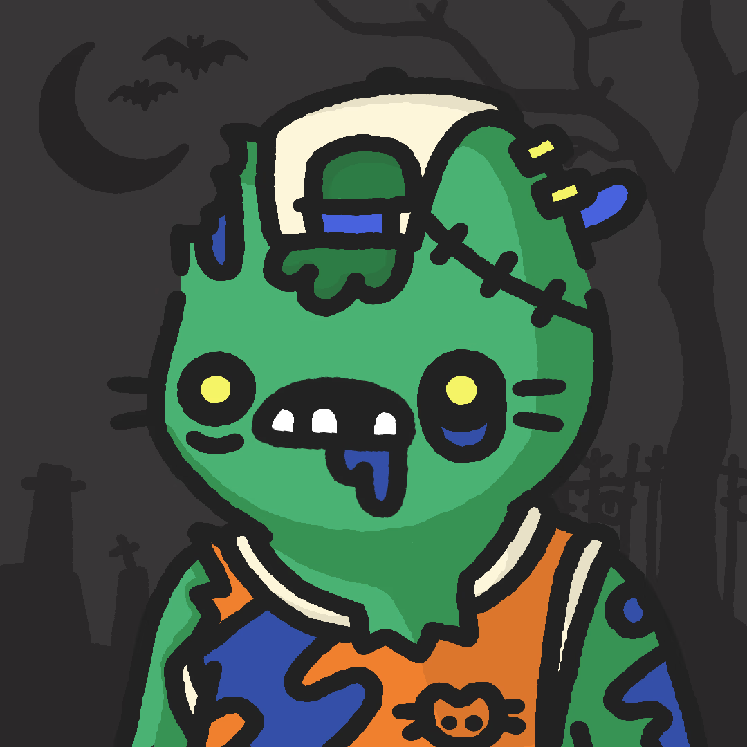 A zombie-like cat cartoon character with missing teeth and half a head wearing an orange shirt with a cat skull and bones emblem on it.