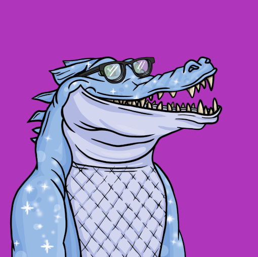 A light blue Warrior Crocs NFT wearing glasses on a purple background