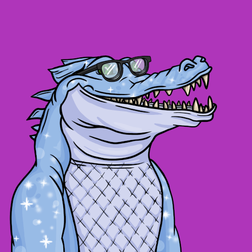 A Light Blue Warrior Crocs Nft Wearing Glasses On A Purple Background