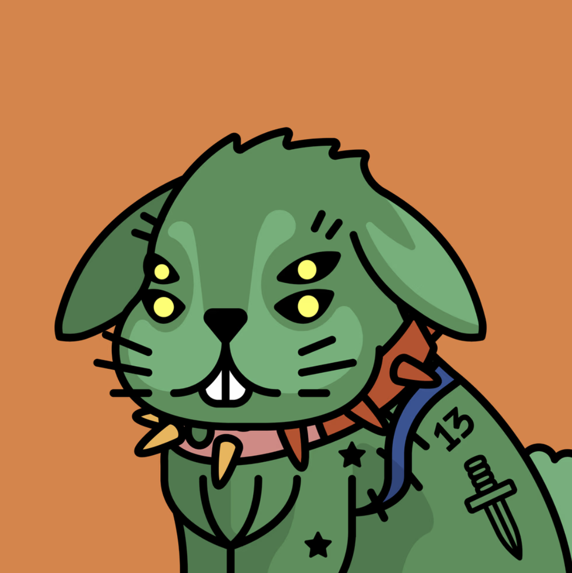 a four-eyed rabbit Deadfriend with a spiked collar and dagger tattoo