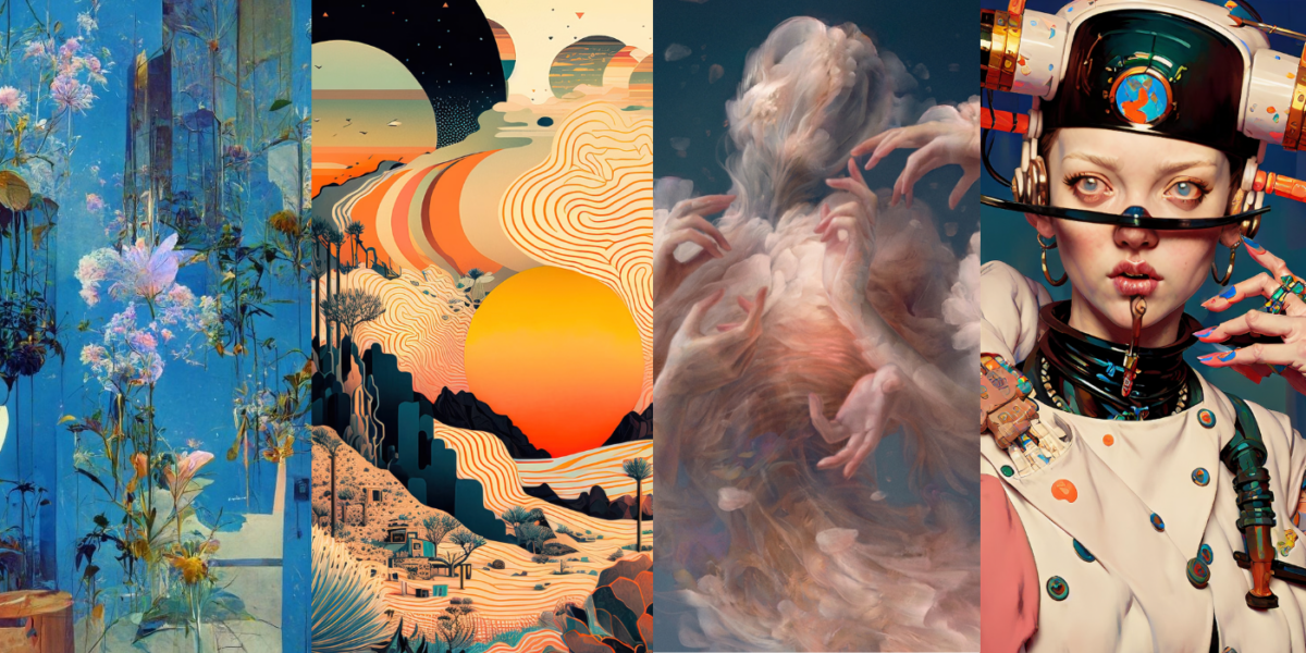 A collage of various artists' work made use using AI art tools.