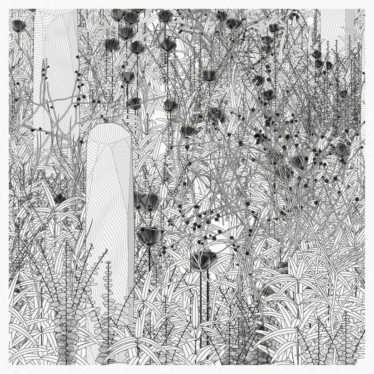 Gardens, Monolith - black and white florals with monoliths