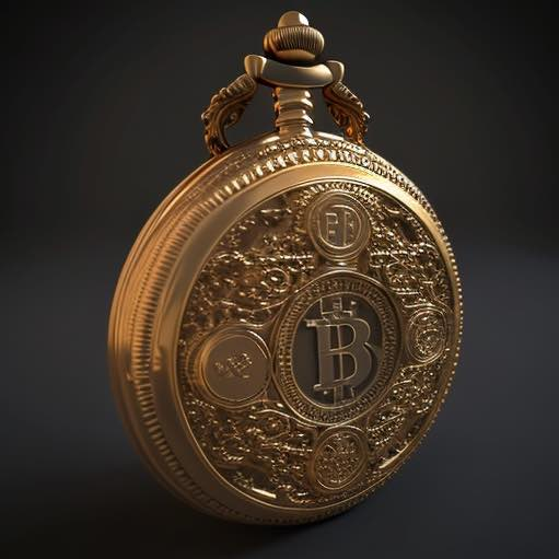A gold pocketwatch with bitcoin logo