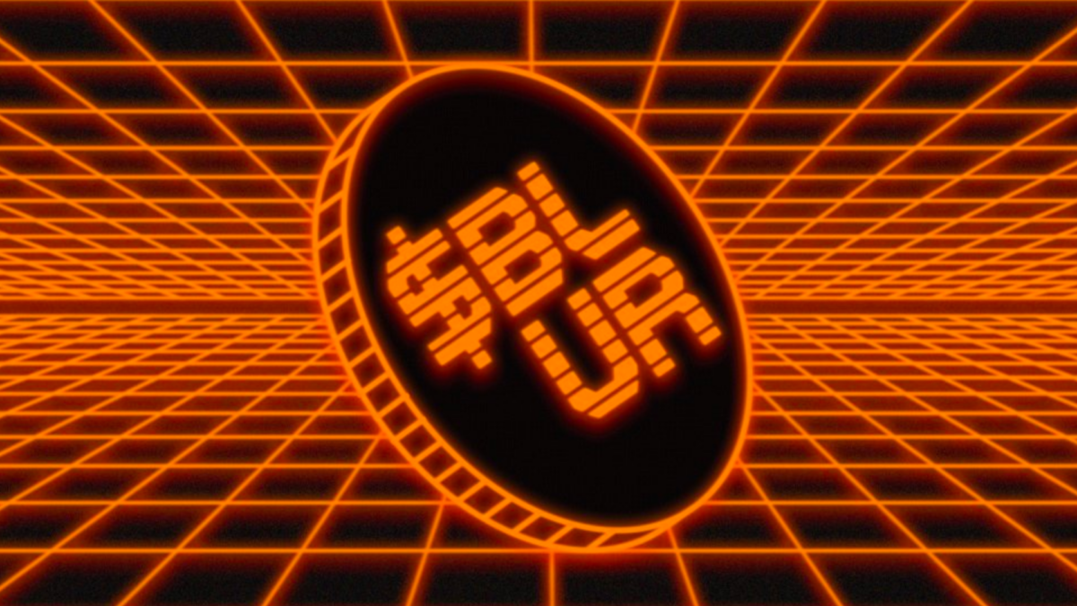 A 1980's, Tron-style graphic of a coin in the center of a grid with the letters '$BLUR' on it.