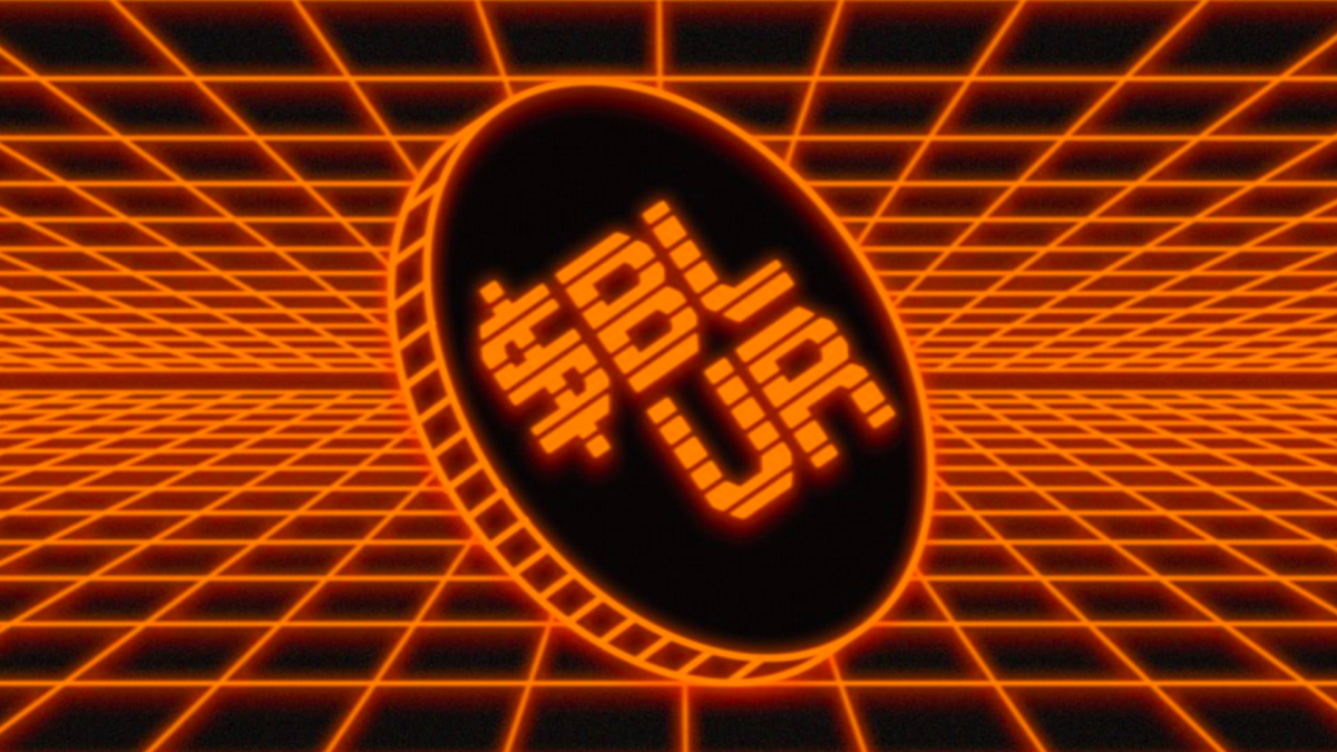 A 1980'S, Tron-Style Graphic Of A Coin In The Center Of A Grid With The Letters '$Blur' On It.