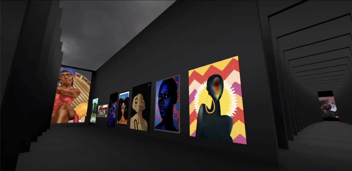A virtual art gallery with black walls displaying bright artworks in an open corridor arrangement.