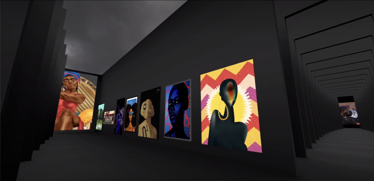 A virtual art gallery with black walls displaying bright artwork in an open corridor.