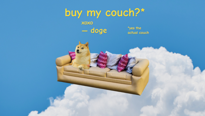 Doge on a couch floating in the sky