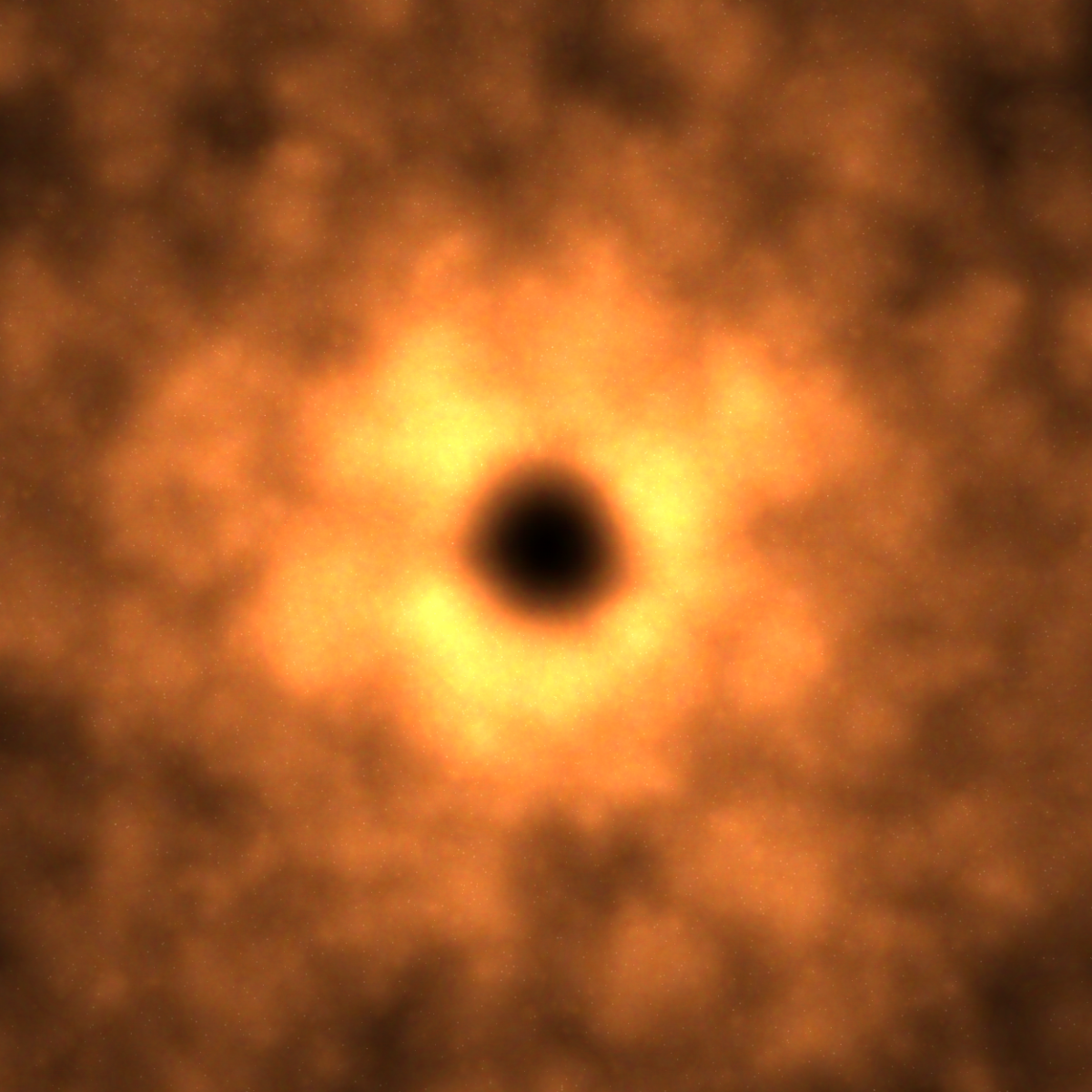 a dark spot at the center with gold and orange clouds surrounding it
