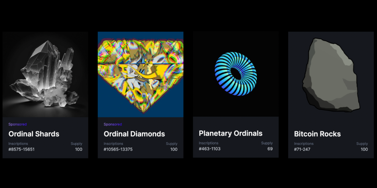 Four listing of Bitcoin Ordinal collections, including Planetary Ordinals and Bitcoin Rocks