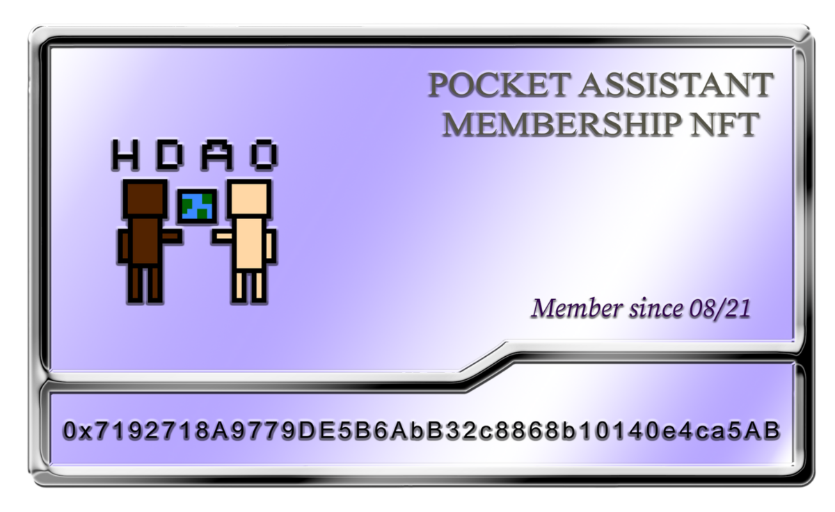 Una representación pixelada de una tarjeta de membresía con dos figuras en bloques y las palabras" Asistente de bolsillo Membresía NFT" escrito en él.