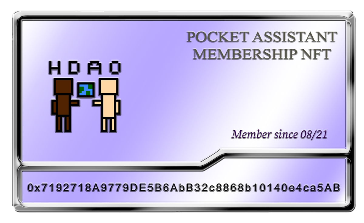 A pixelated representation of a membership card with two blocked figures and the words" Pocket Assistant Membership NFT" written on it.