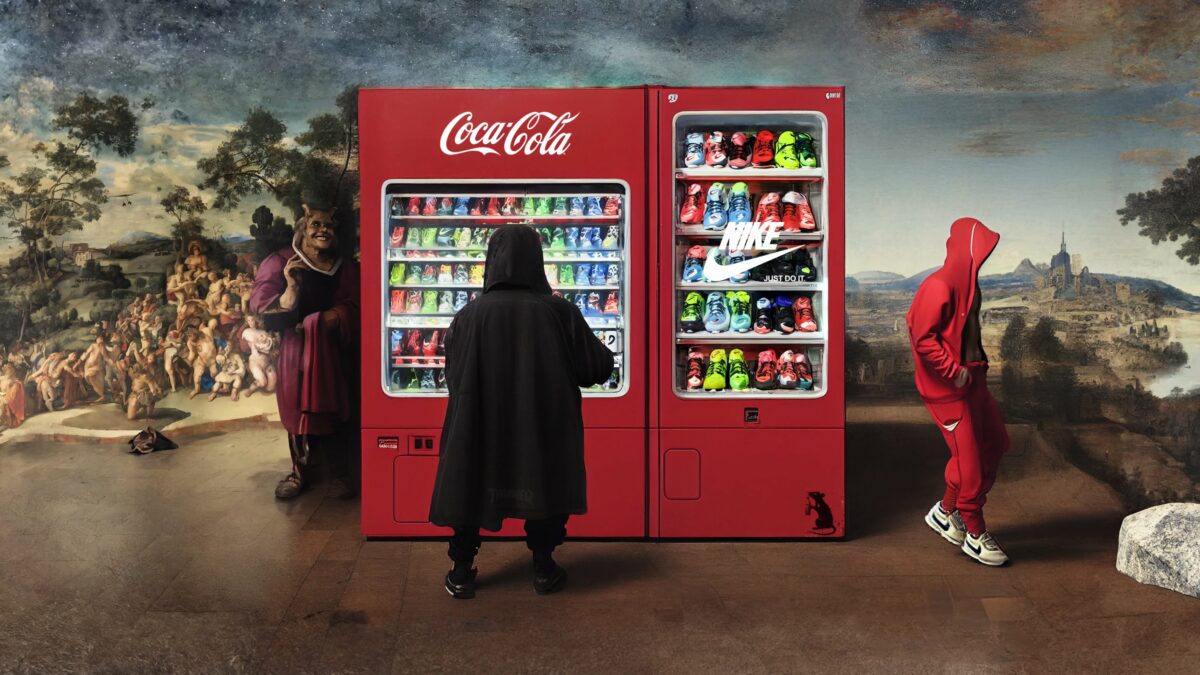 A coke vending machine sits in front of a classic painting