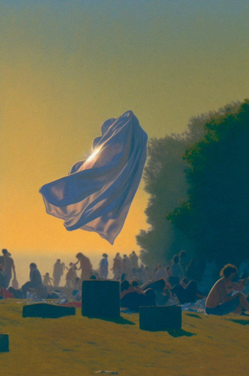 a ghostly sheet floats in front of a park full of people