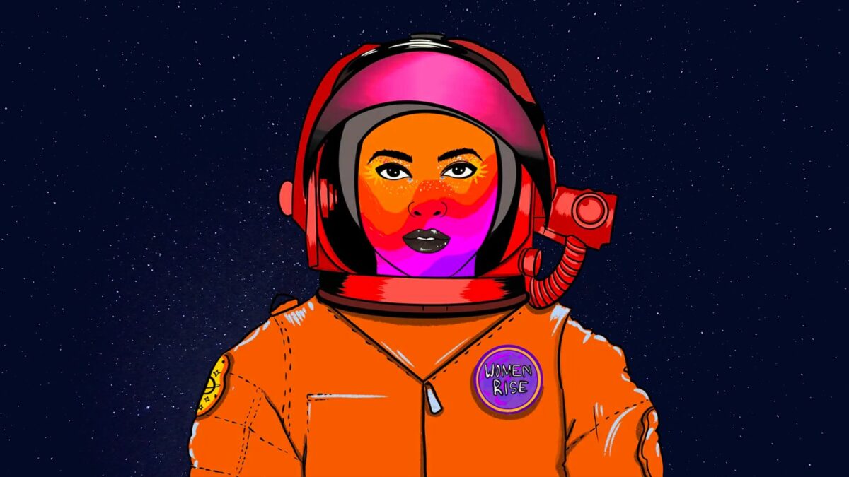 astronaut in front of space with women rise button