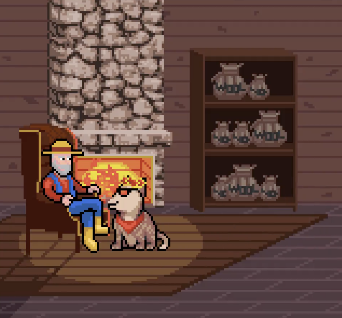 A farmer sits with a wolf by a fire in a wood cabin