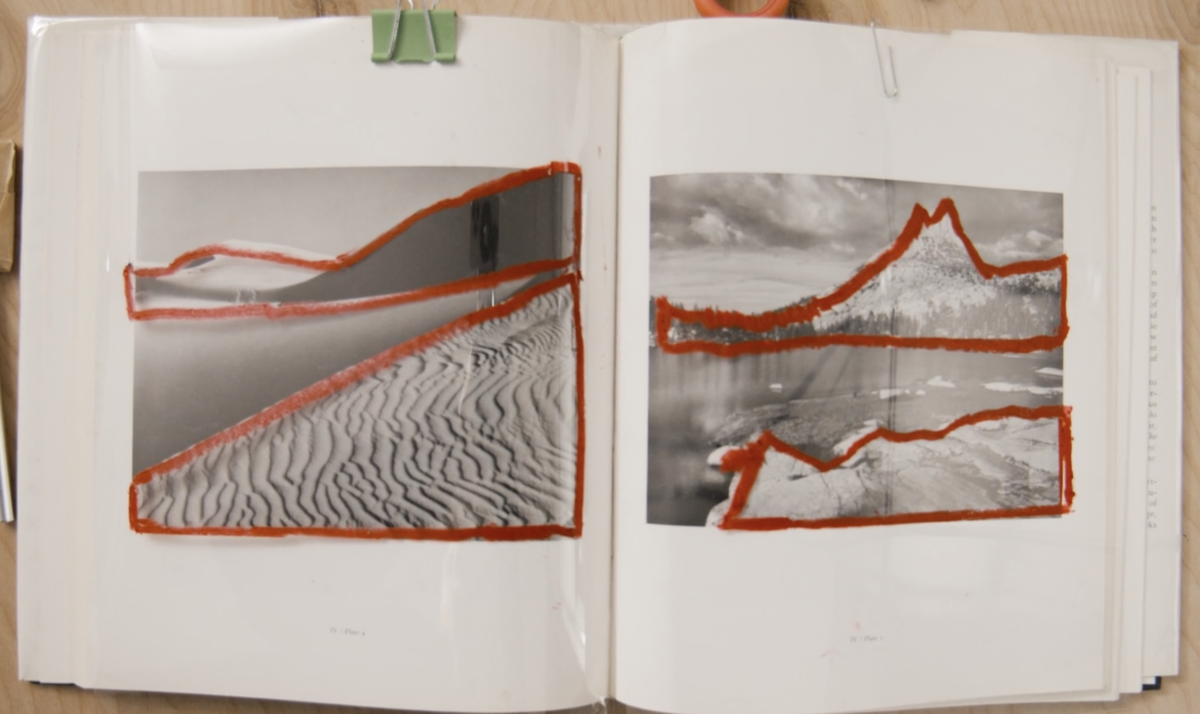 A video still showing a book of Ansel Adams' work.