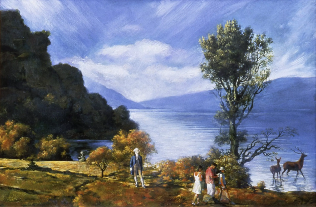 A painting showing a typical landscape of hills, trees, blue sky with George Washington in the foreground.