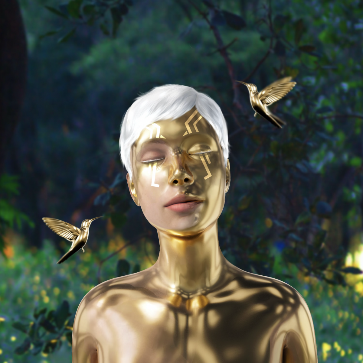 golden woman with white hair surrounded by a forest scene