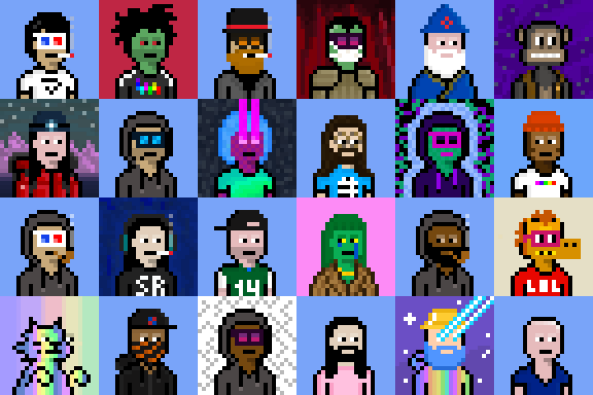 A grouping of 24 pixel characters in the style of CryptoPunks.