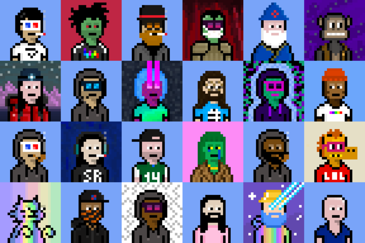 A grouping of 24 pixels in the style of CryptoPunks.