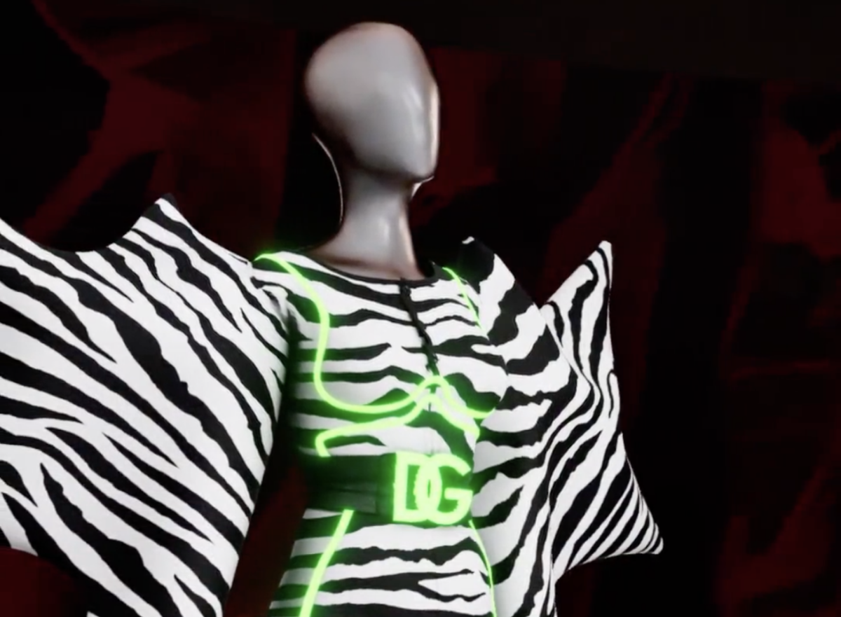 Un look de moda completamente digital que presenta a una mujer digital con un estampado de cebra inspirado en los looks de Dolce & Gabbana.