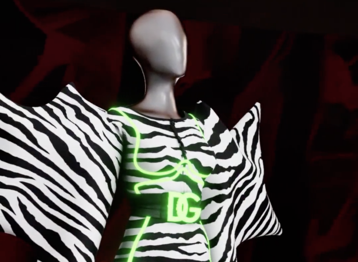 A complete digital fashion look featuring a digital woman wearing zebra print inspired by Dolce & Gabbana's look