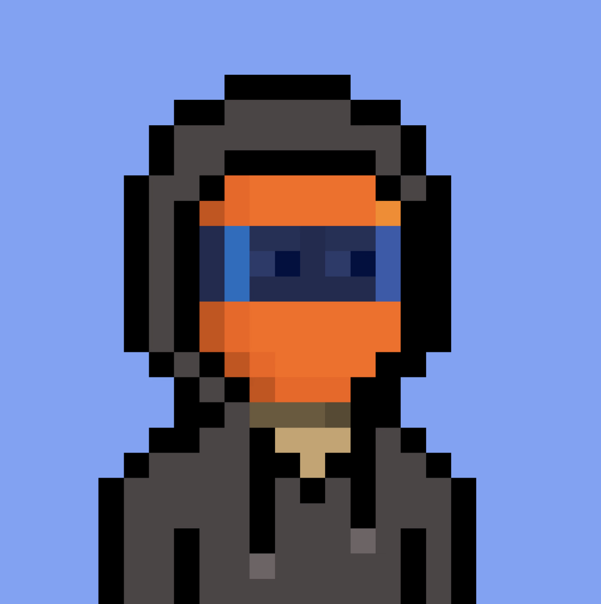 A pixelated character wearing a dark gray hoodie and an orange helmet against a light blue-purple background.